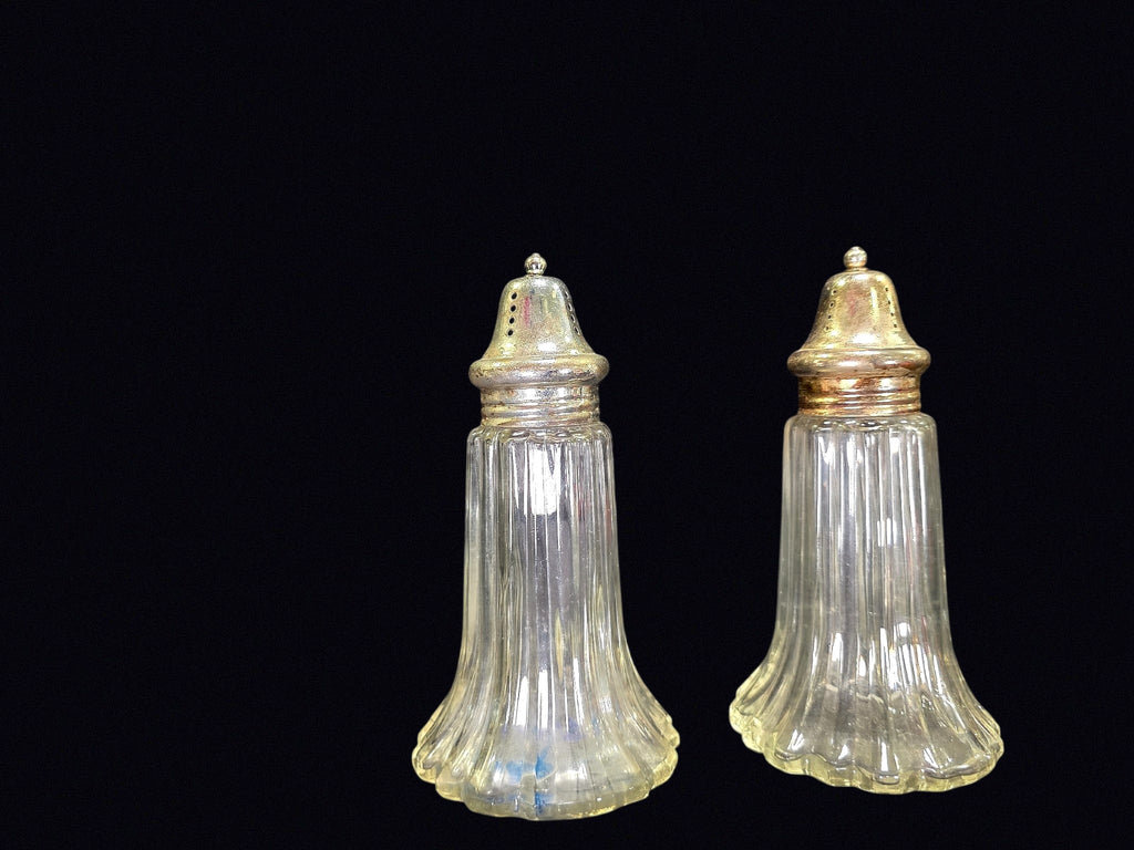 Ribbed Glass Shakers Silverplate Tops MidCentury