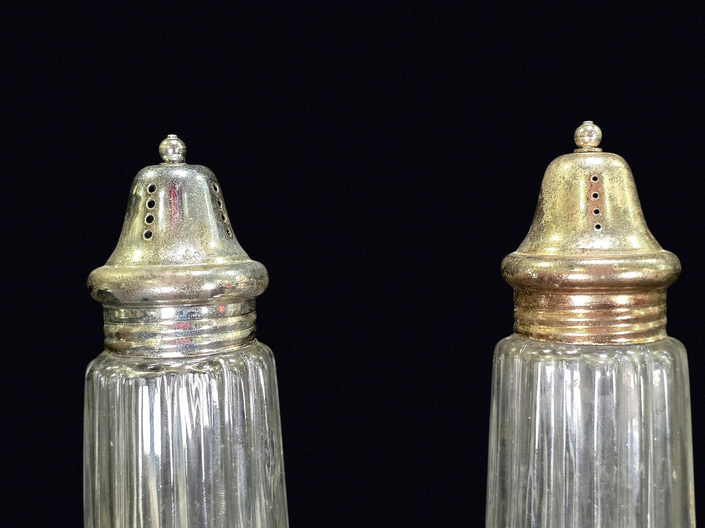 Ribbed Glass Shakers Silverplate Tops MidCentury