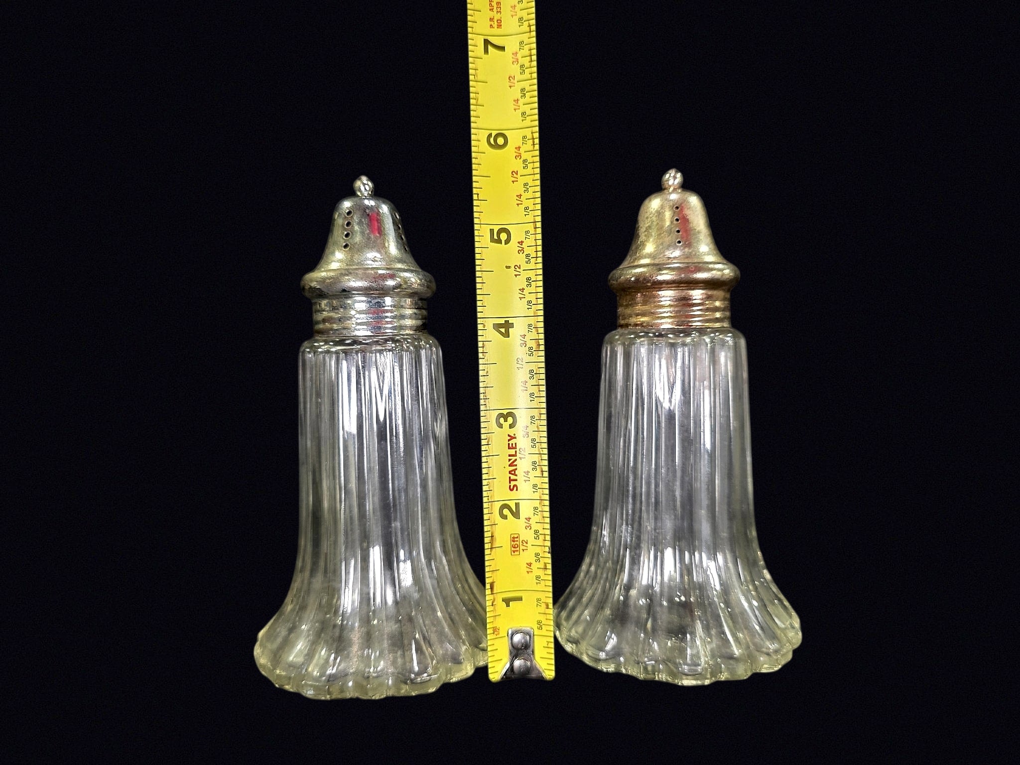 Ribbed Glass Shakers Silverplate Tops MidCentury