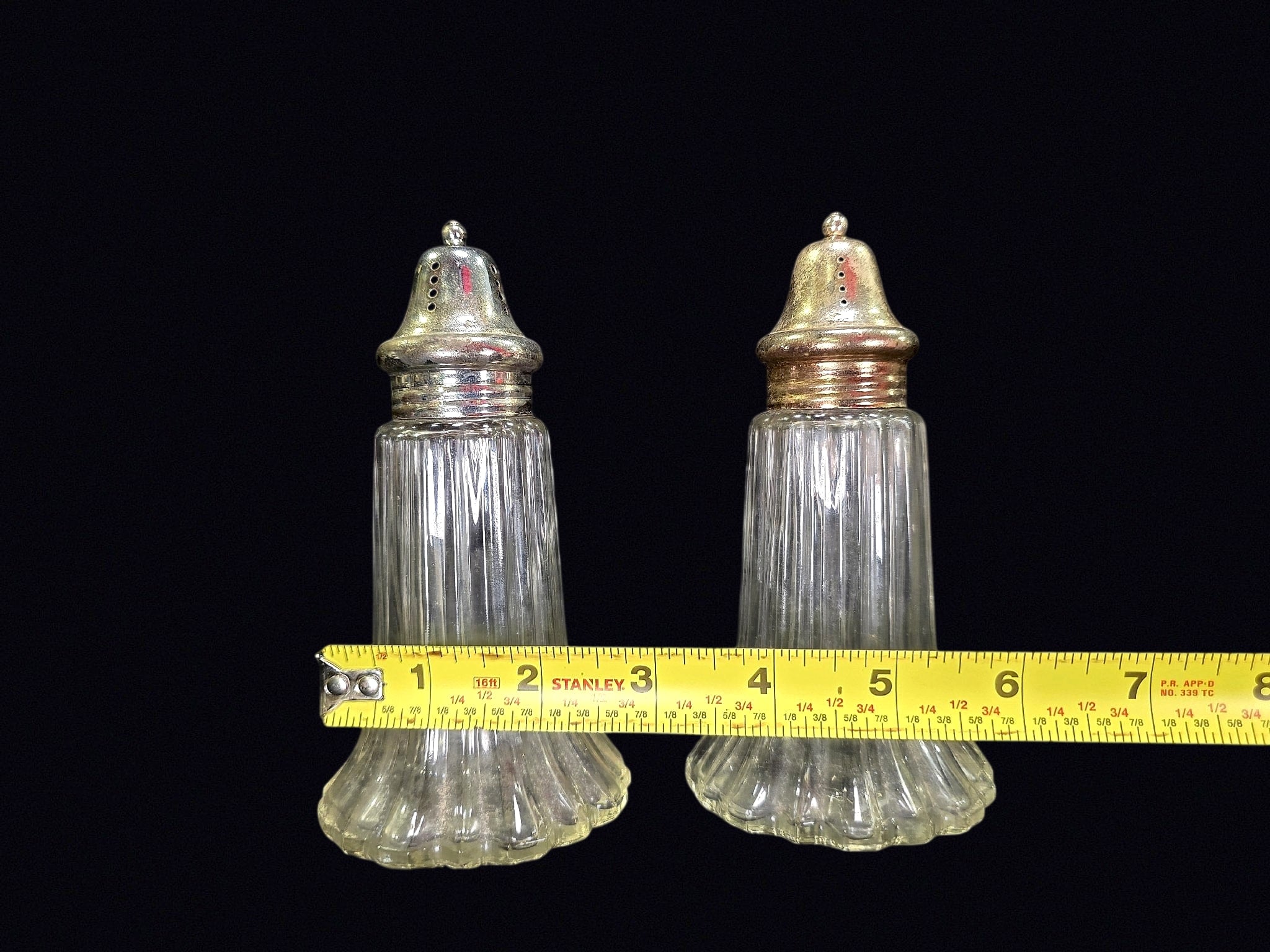 Ribbed Glass Shakers Silverplate Tops MidCentury