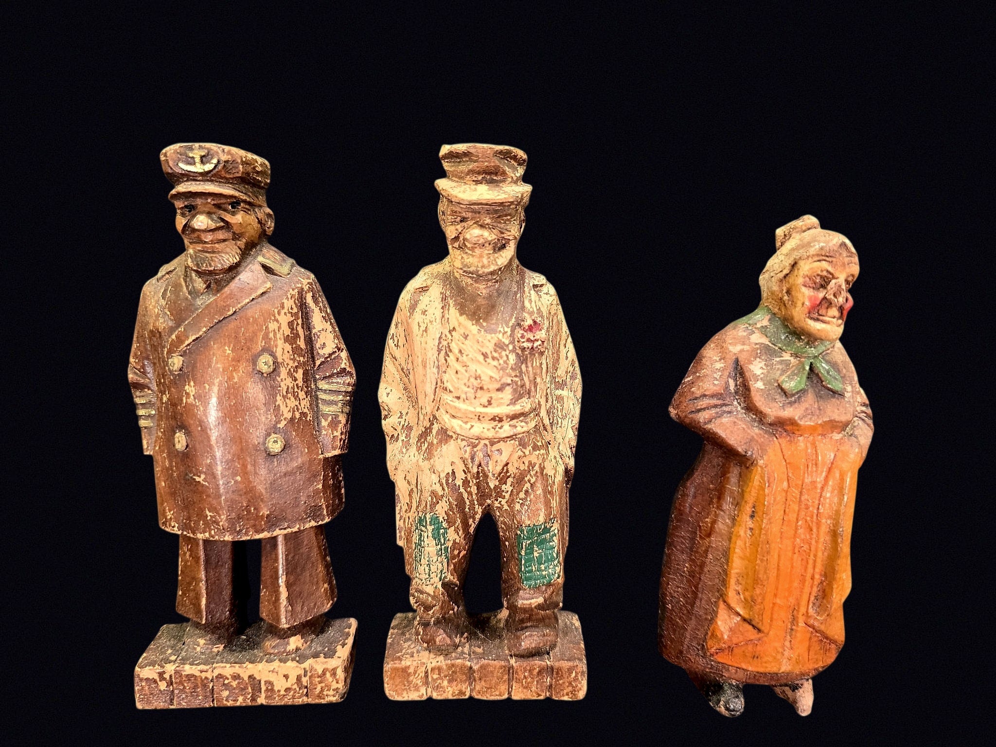 Carved Polychrome Wood Folk Figures Lot of 3