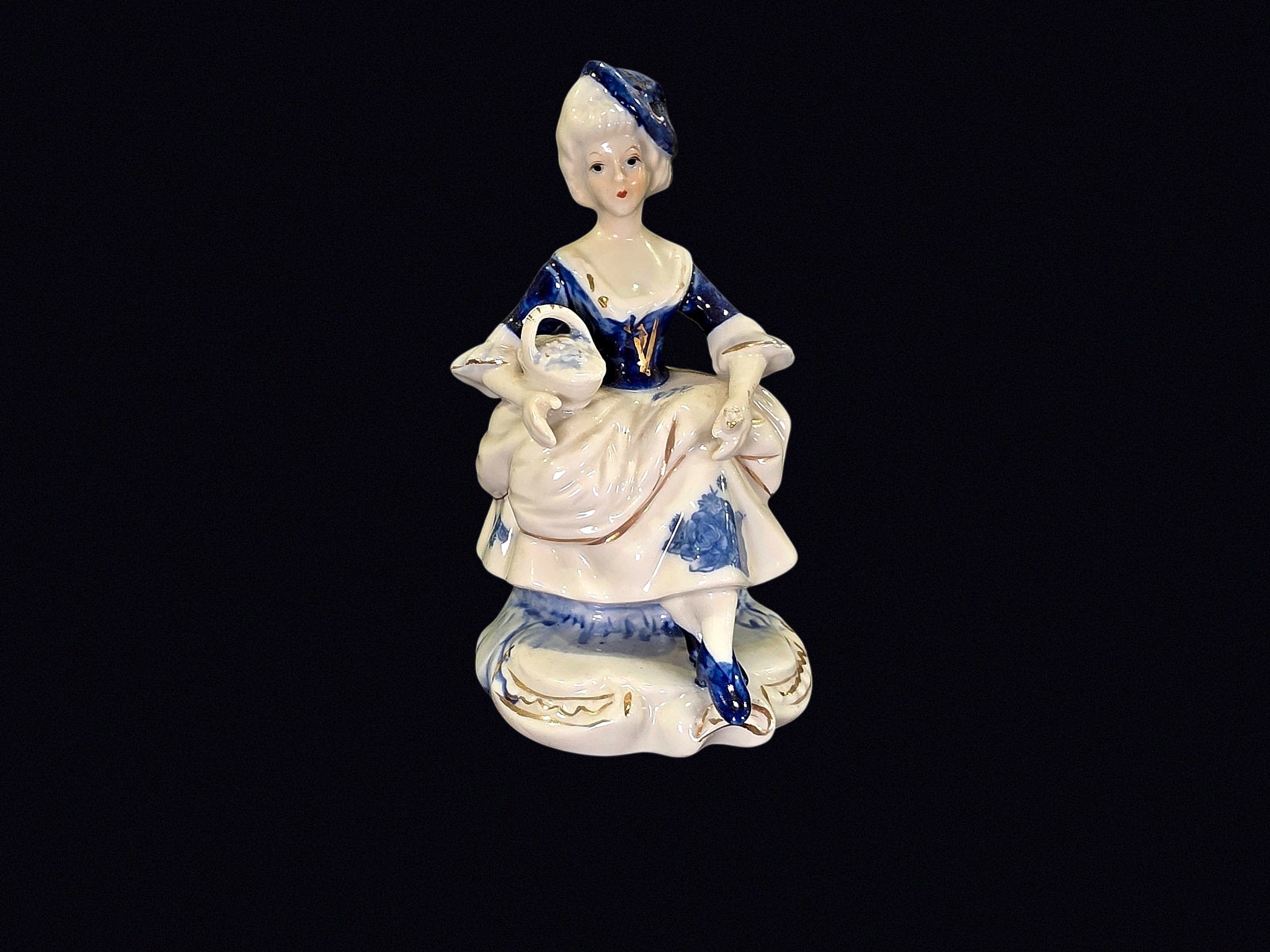 Porcelain Colonial Lady Figurine Cobalt Blue