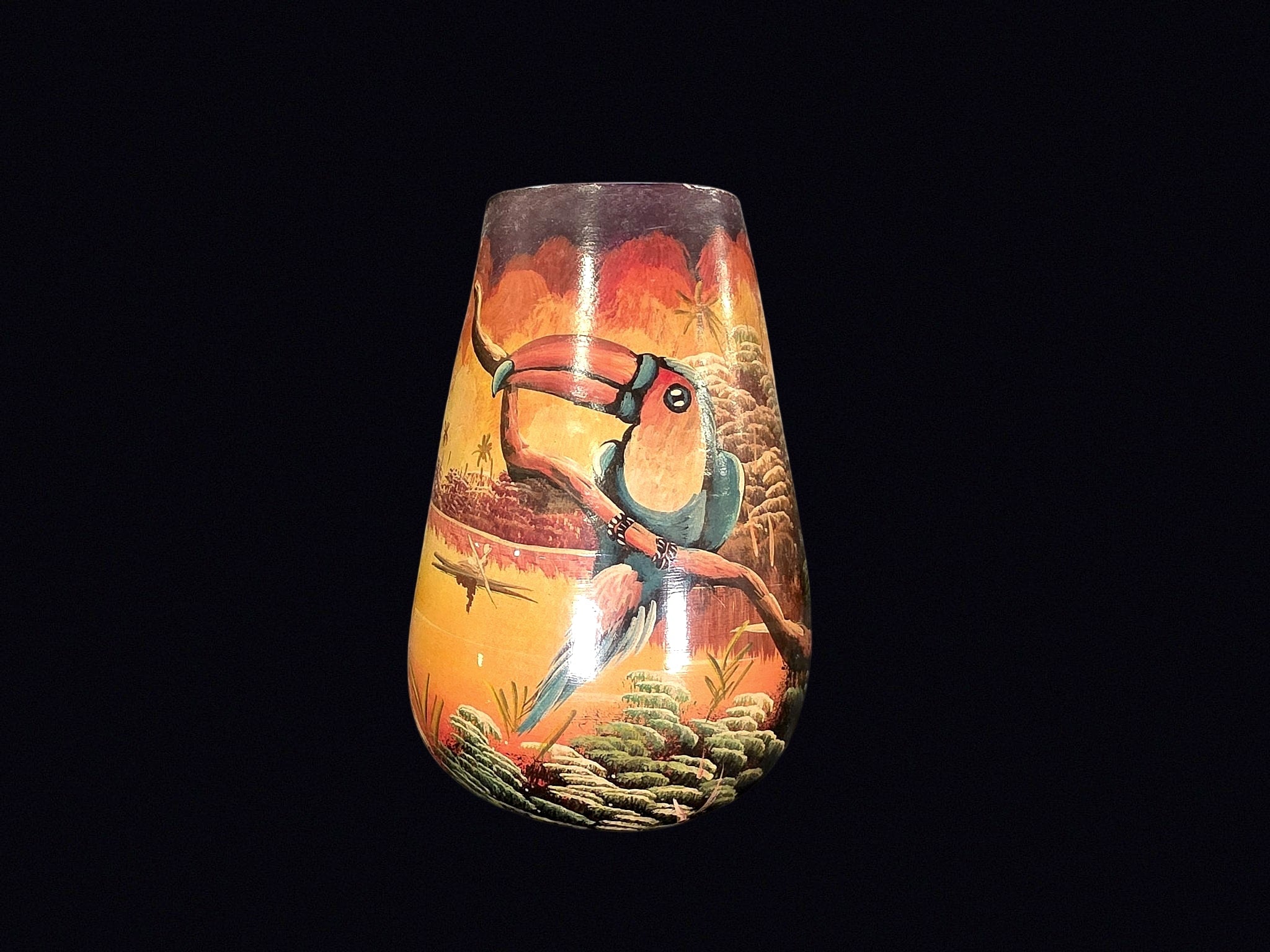 Hand Painted Toucan Macaw Lacquer Folk Art Vase