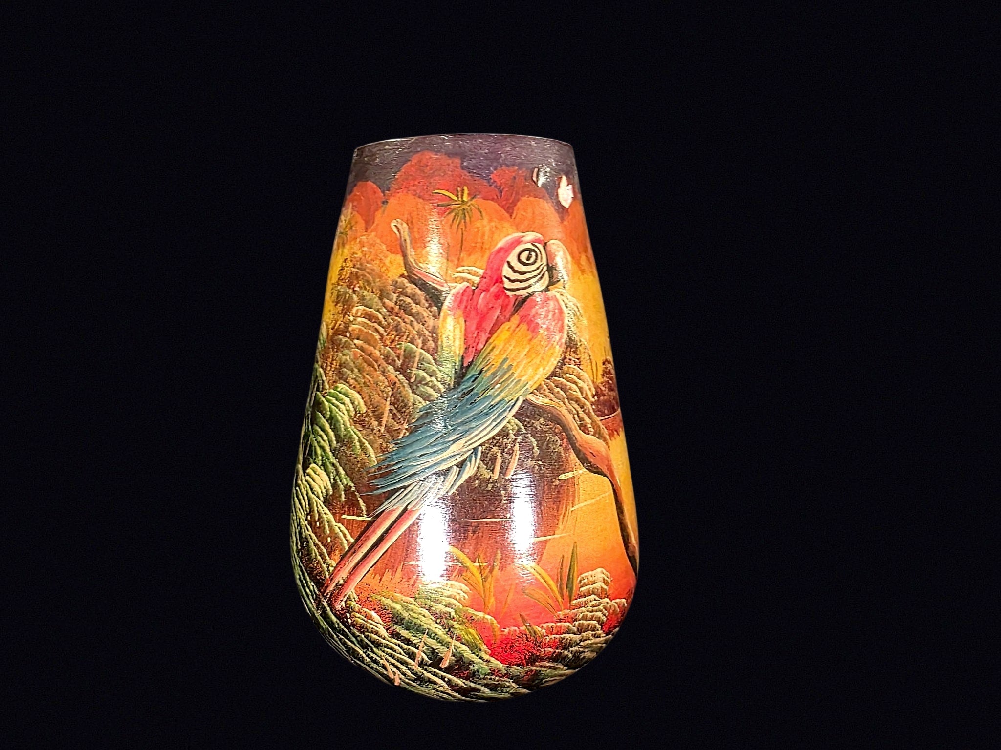 Hand Painted Toucan Macaw Lacquer Folk Art Vase