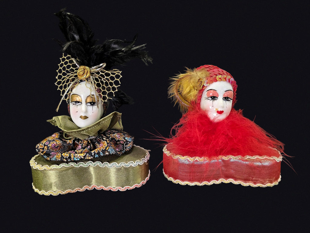 Mardi Gras Porcelain Face Trinket Boxes Pair