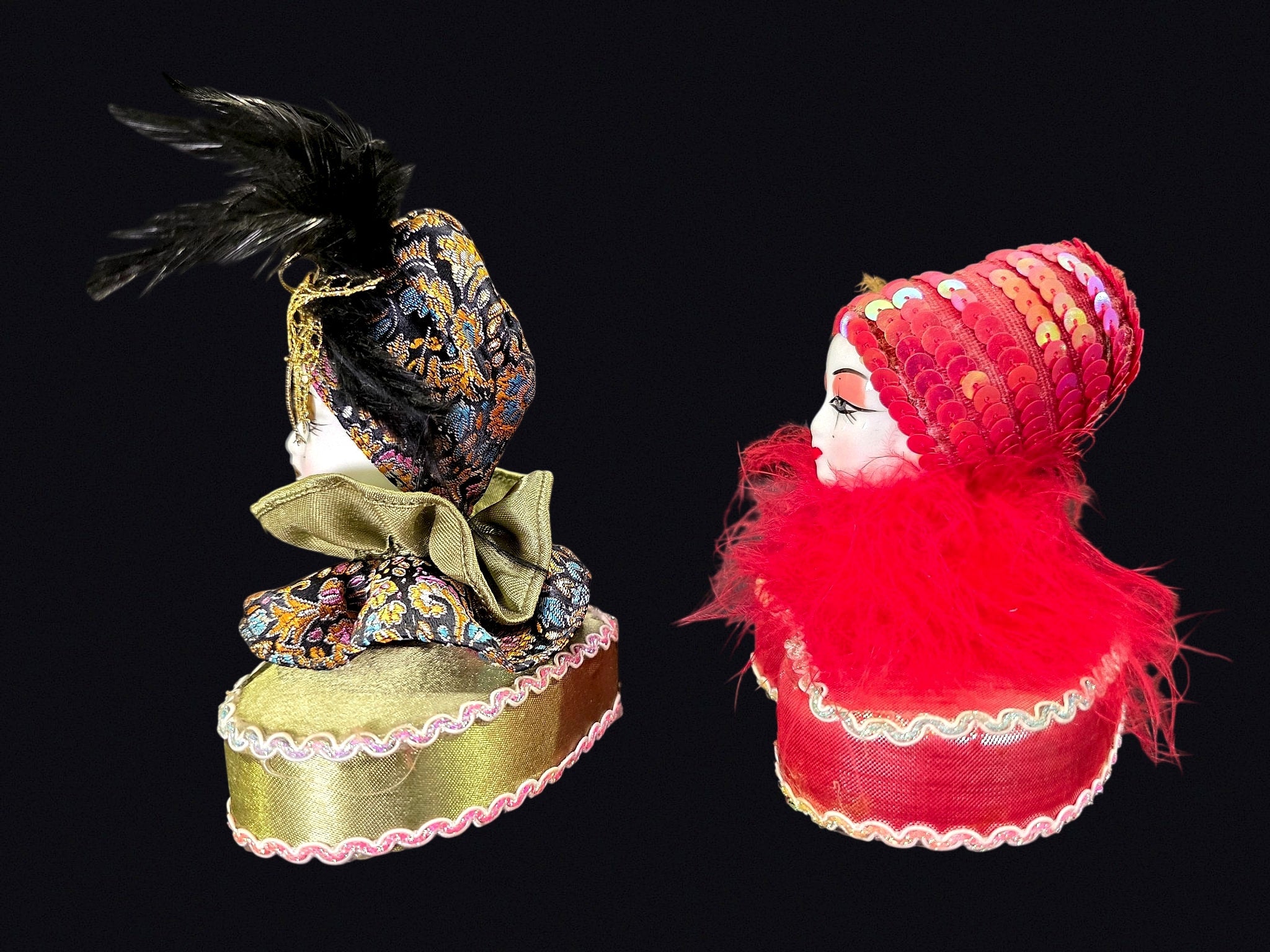 Mardi Gras Porcelain Face Trinket Boxes Pair