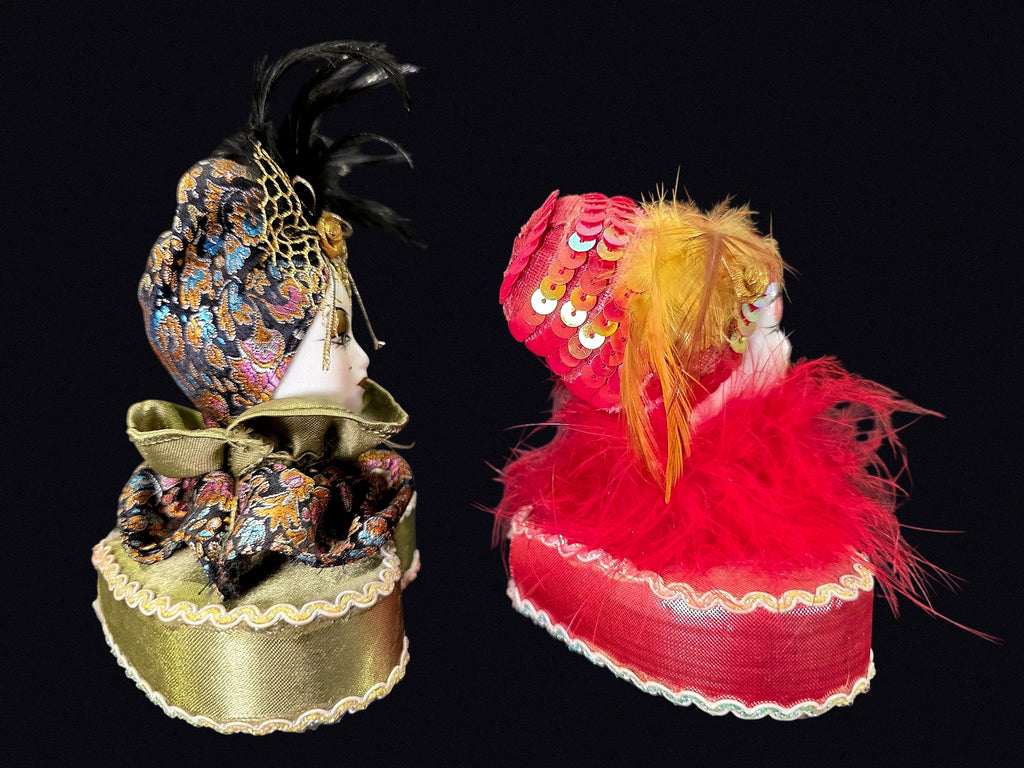 Mardi Gras Porcelain Face Trinket Boxes Pair