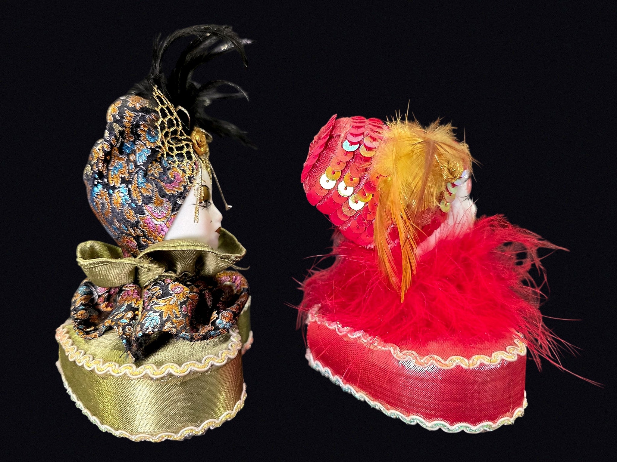 Mardi Gras Porcelain Face Trinket Boxes Pair