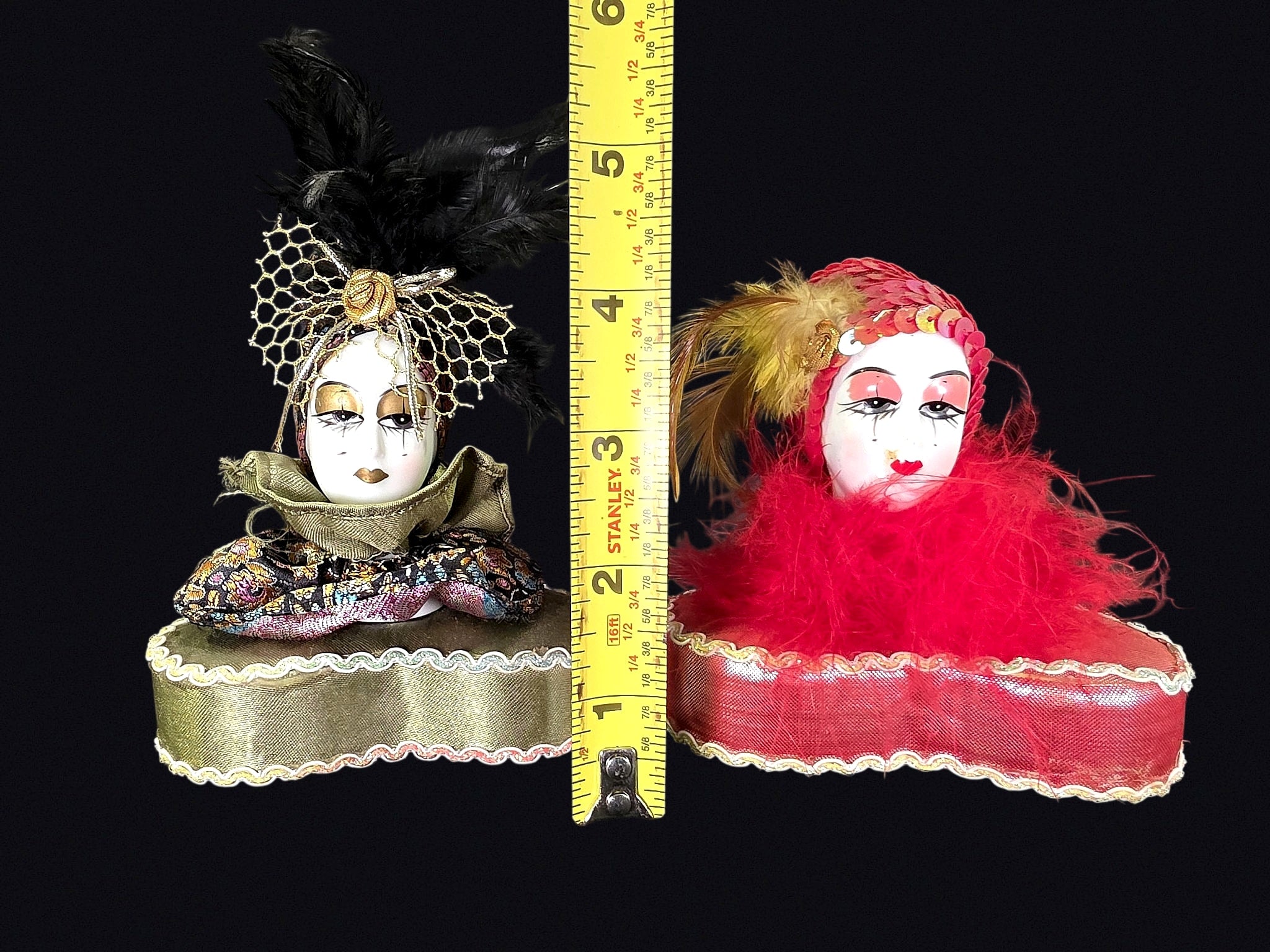 Mardi Gras Porcelain Face Trinket Boxes Pair