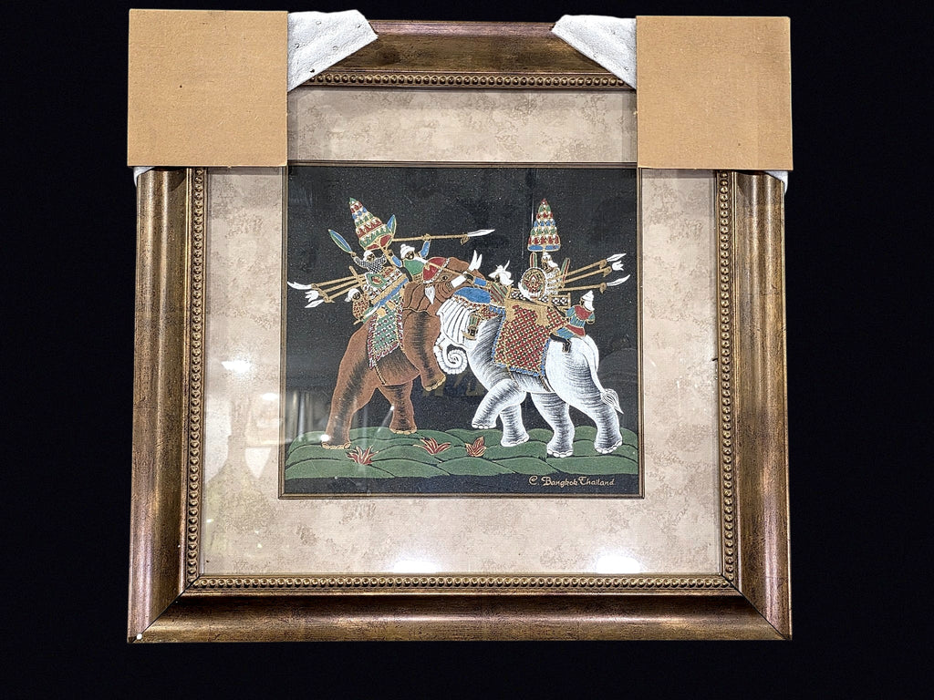 Thai Silk Painting Battle Elephants Signed Framed