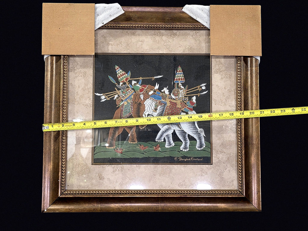 Thai Silk Painting Battle Elephants Signed Framed