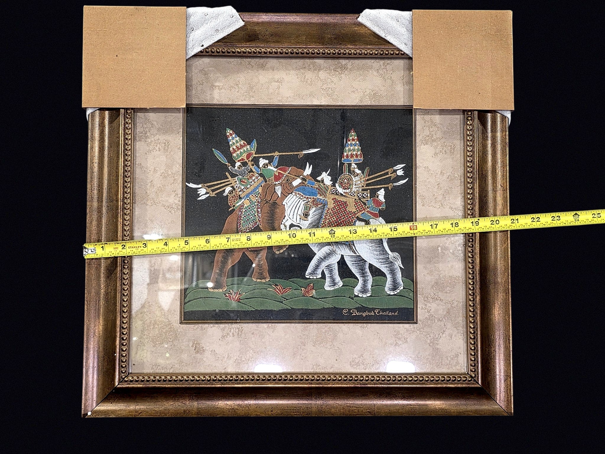 Thai Silk Painting Battle Elephants Signed Framed