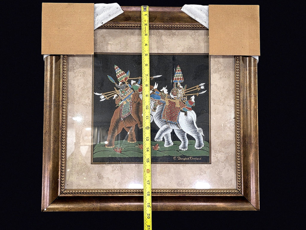 Thai Silk Painting Battle Elephants Signed Framed