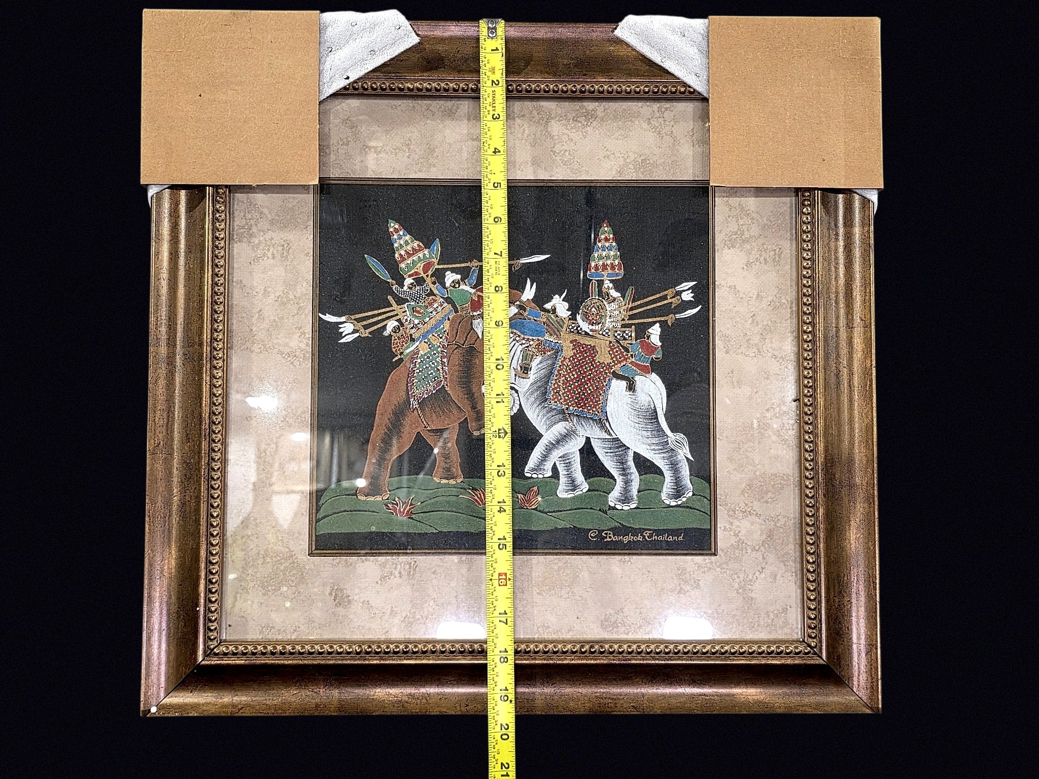 Thai Silk Painting Battle Elephants Signed Framed