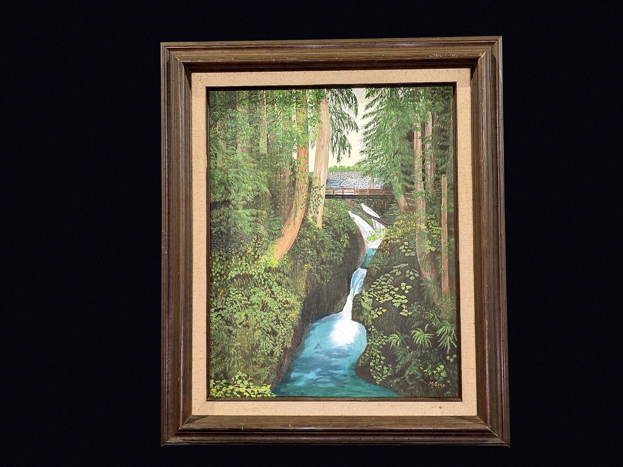 Late 20th C Oil Waterfall Forest Bridge Framed