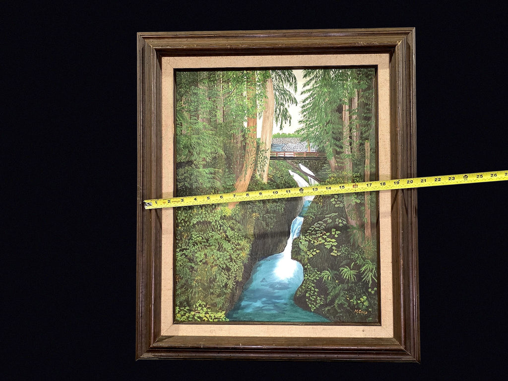 Late 20th C Oil Waterfall Forest Bridge Framed