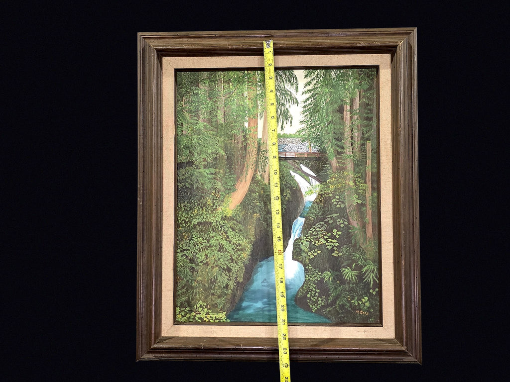 Late 20th C Oil Waterfall Forest Bridge Framed