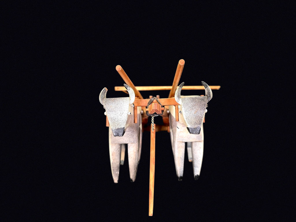 Folk Art Carved Wood Ox Cart with Oxen Pair