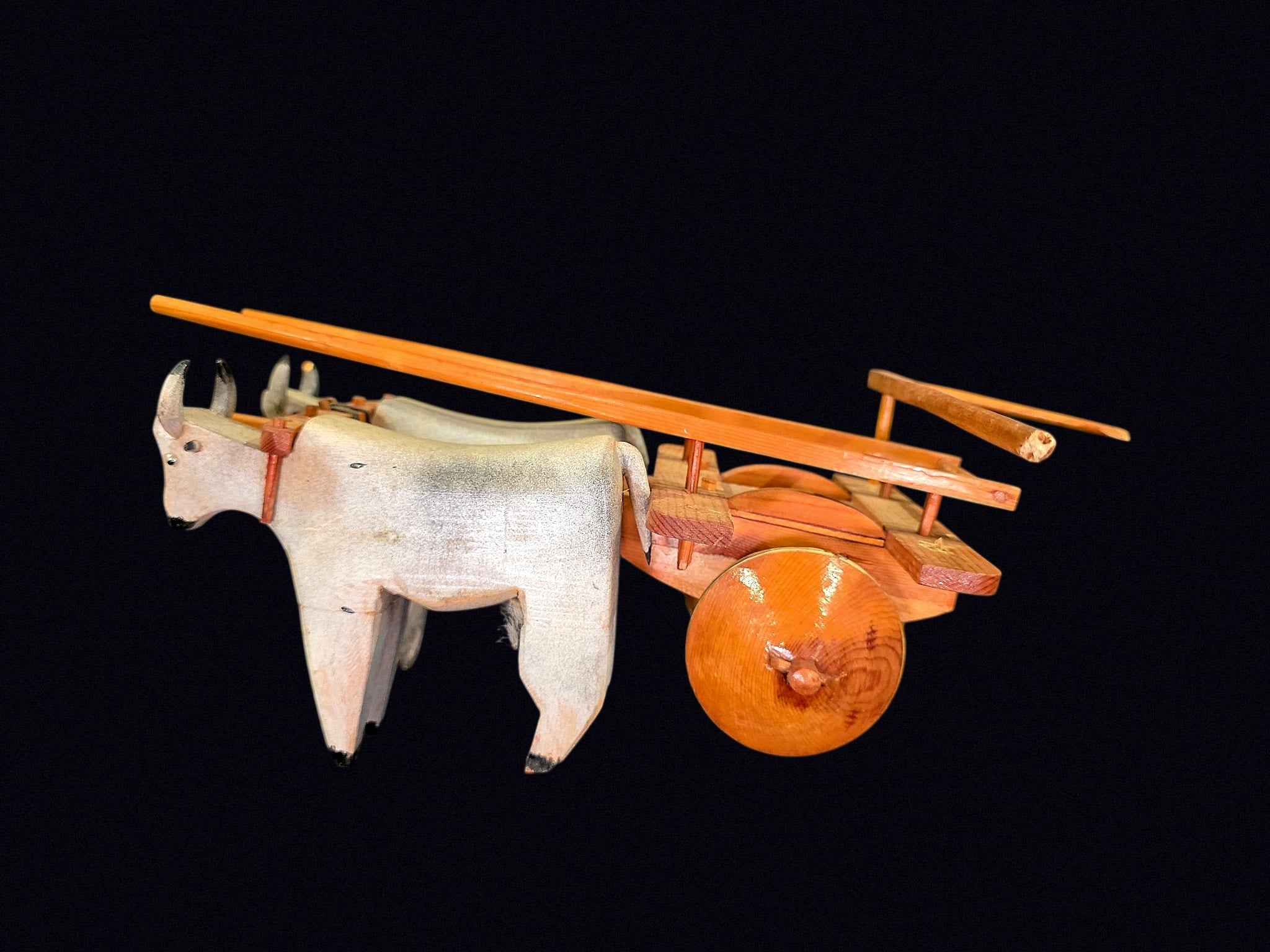 Folk Art Carved Wood Ox Cart with Oxen Pair