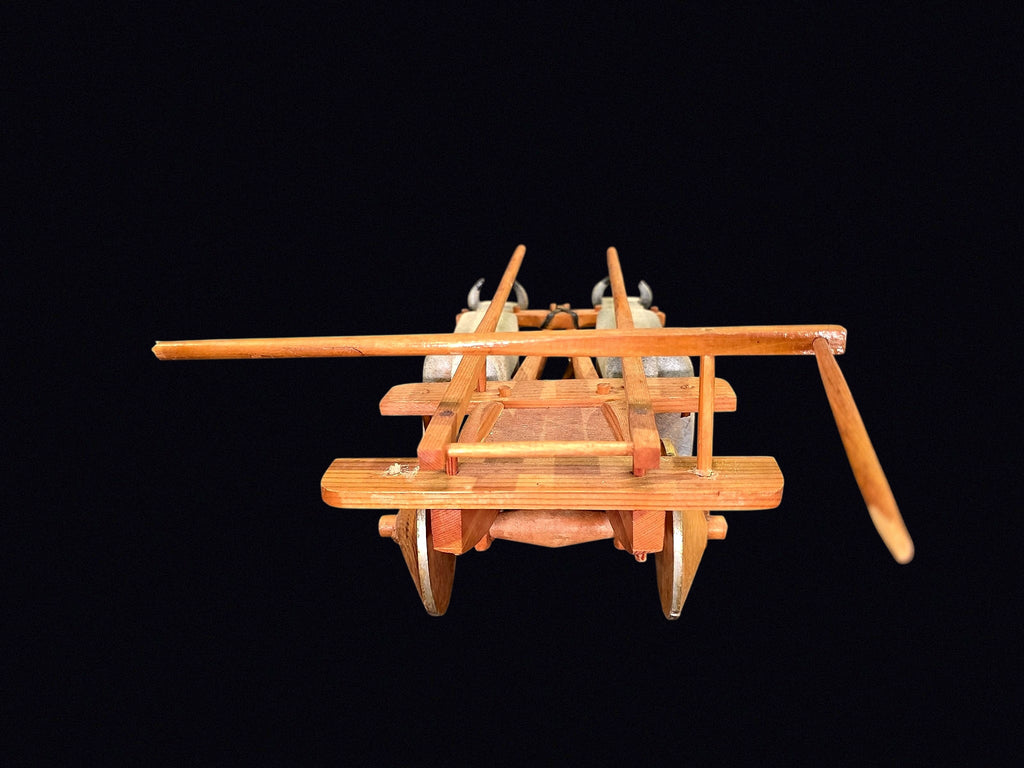 Folk Art Carved Wood Ox Cart with Oxen Pair
