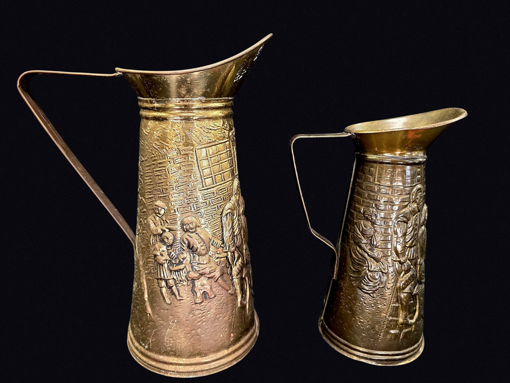 English Brass Tavern Scene Jugs Pair c1950