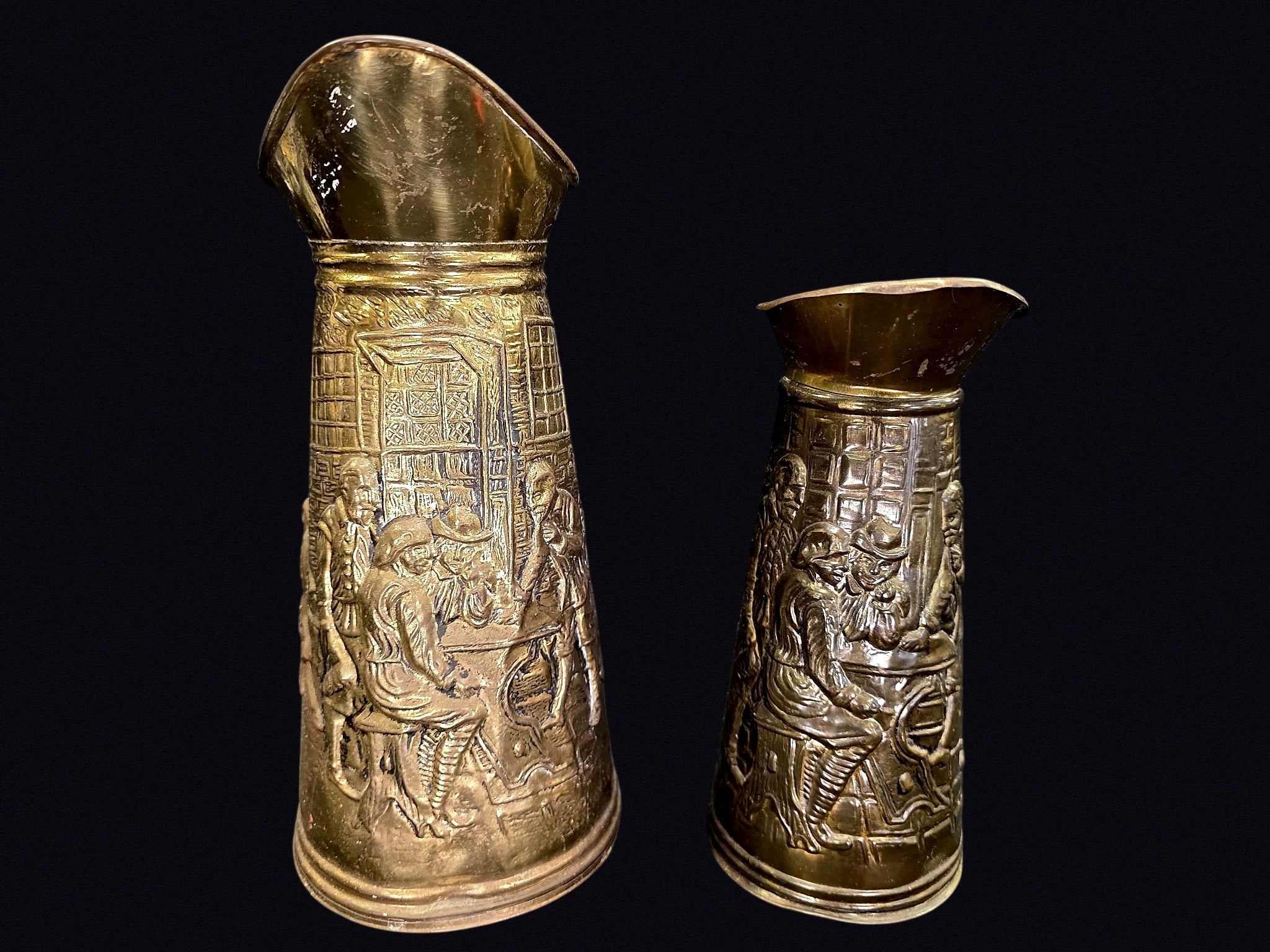 English Brass Tavern Scene Jugs Pair c1950