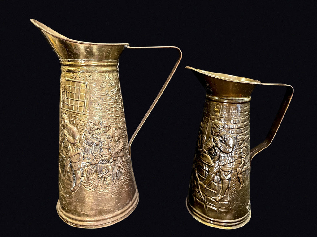 English Brass Tavern Scene Jugs Pair c1950