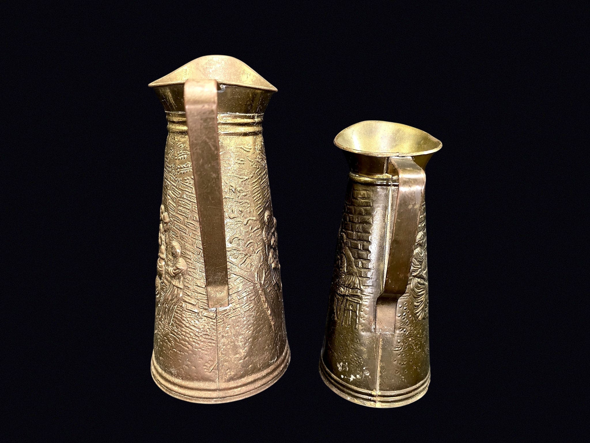 English Brass Tavern Scene Jugs Pair c1950