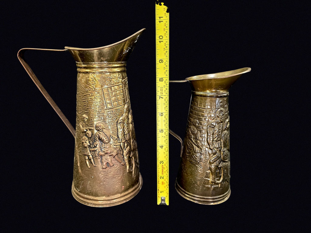 English Brass Tavern Scene Jugs Pair c1950