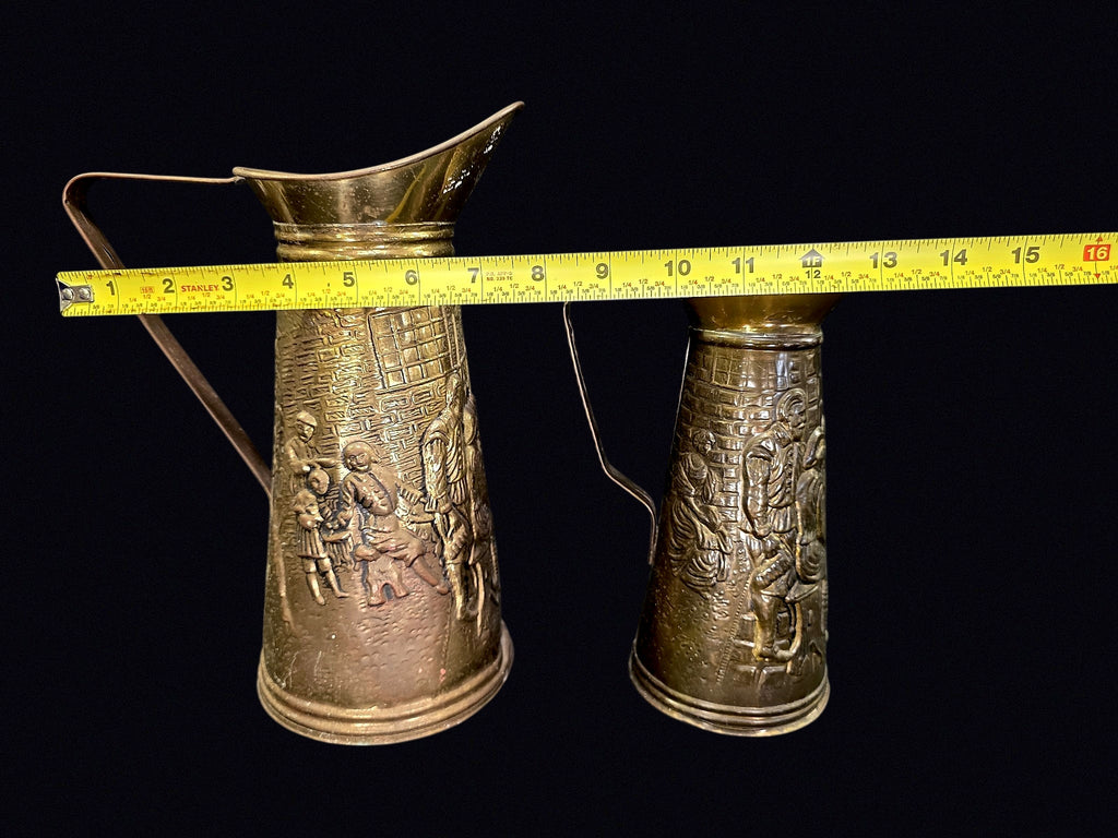 English Brass Tavern Scene Jugs Pair c1950