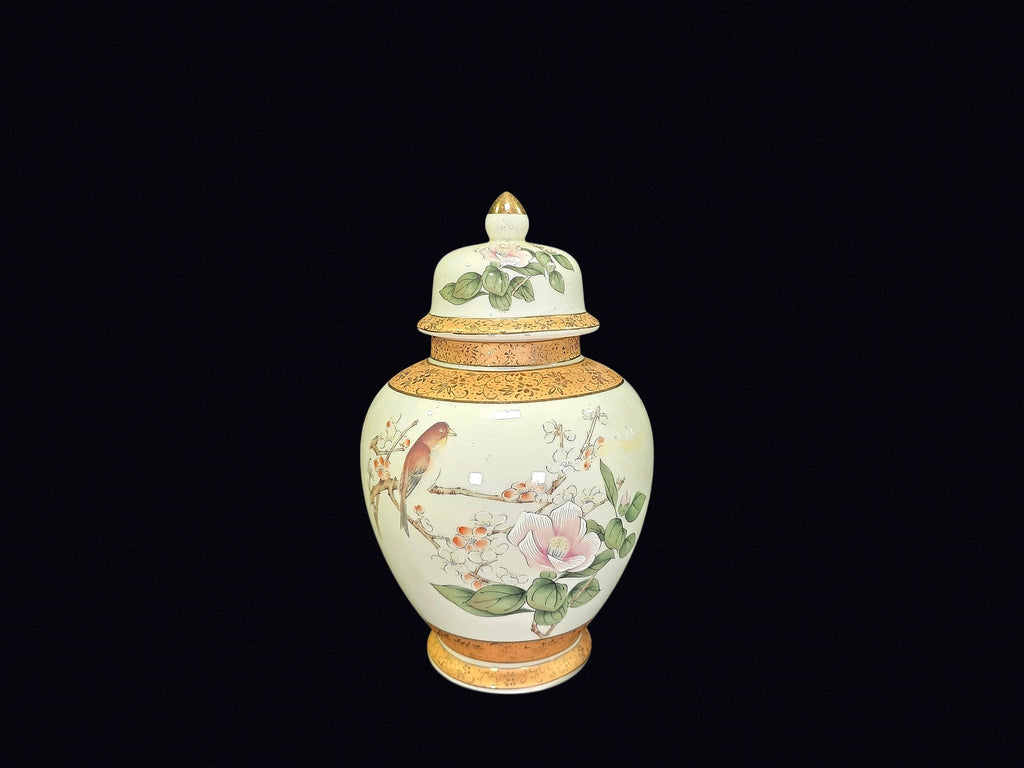 Japan Porcelain Ginger Jar Bird Floral Gilt Lid