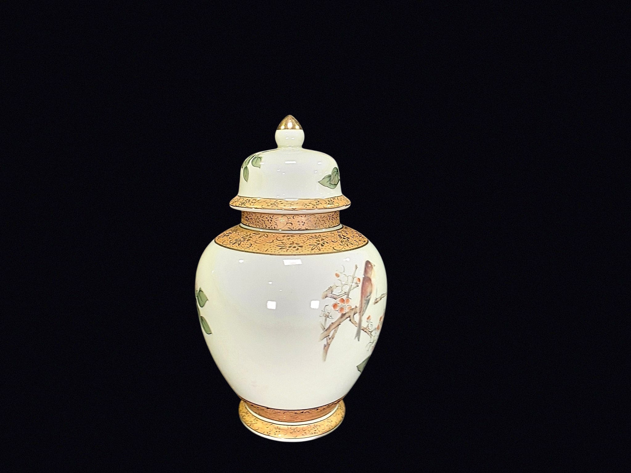 Japan Porcelain Ginger Jar Bird Floral Gilt Lid