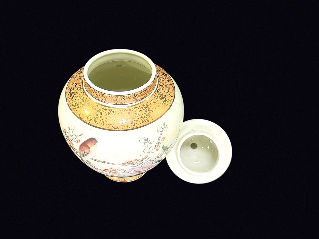 Japan Porcelain Ginger Jar Bird Floral Gilt Lid