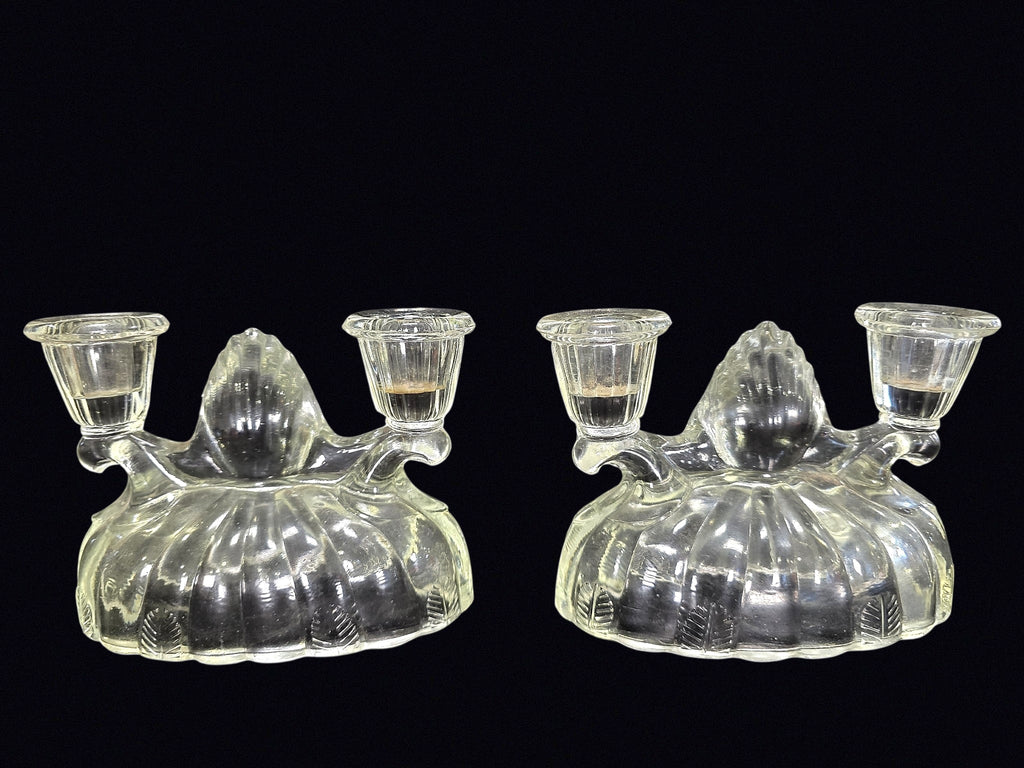 Pressed Glass 2-Arm Candleholders Pair 1940s