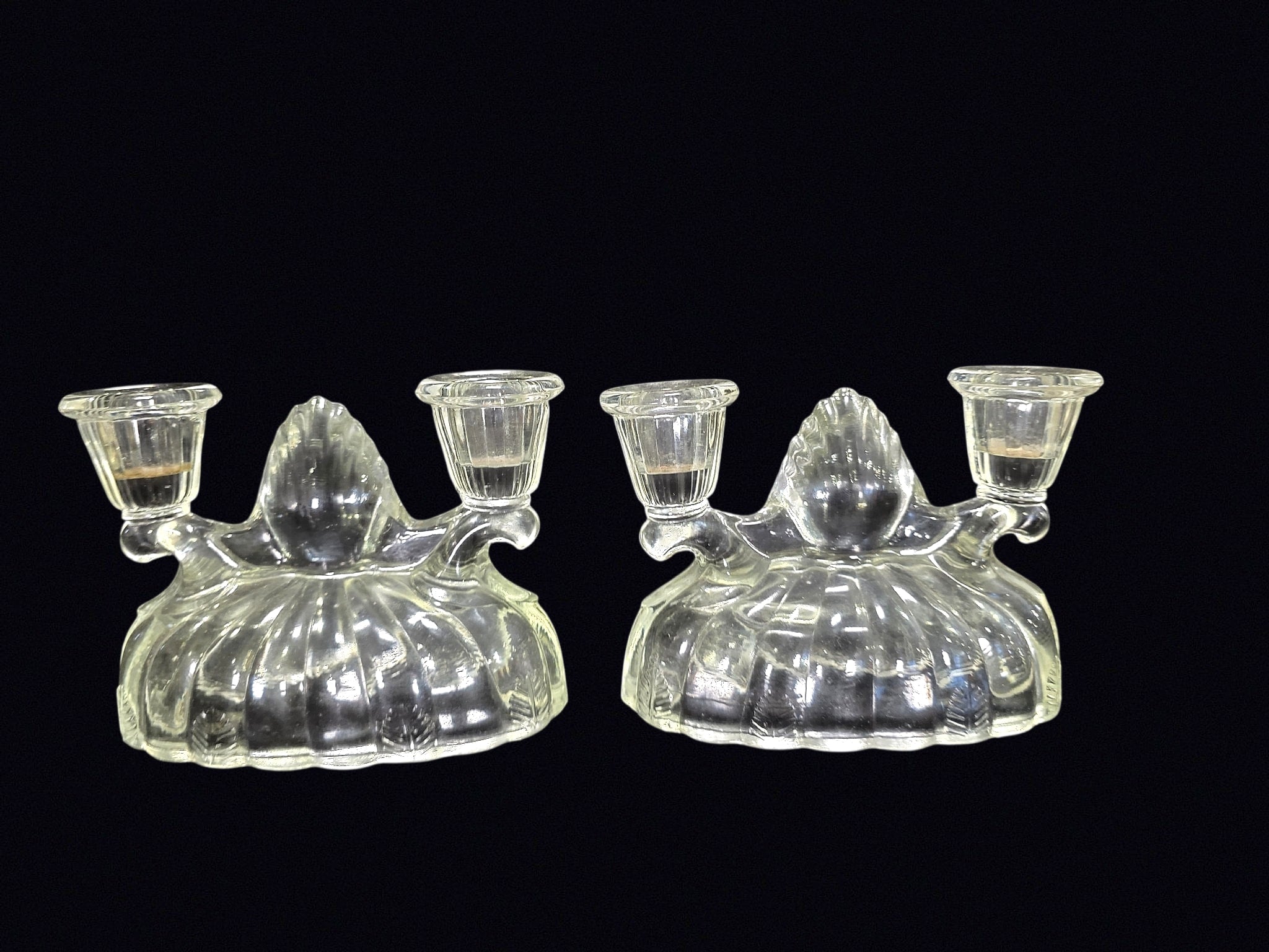 Pressed Glass 2-Arm Candleholders Pair 1940s