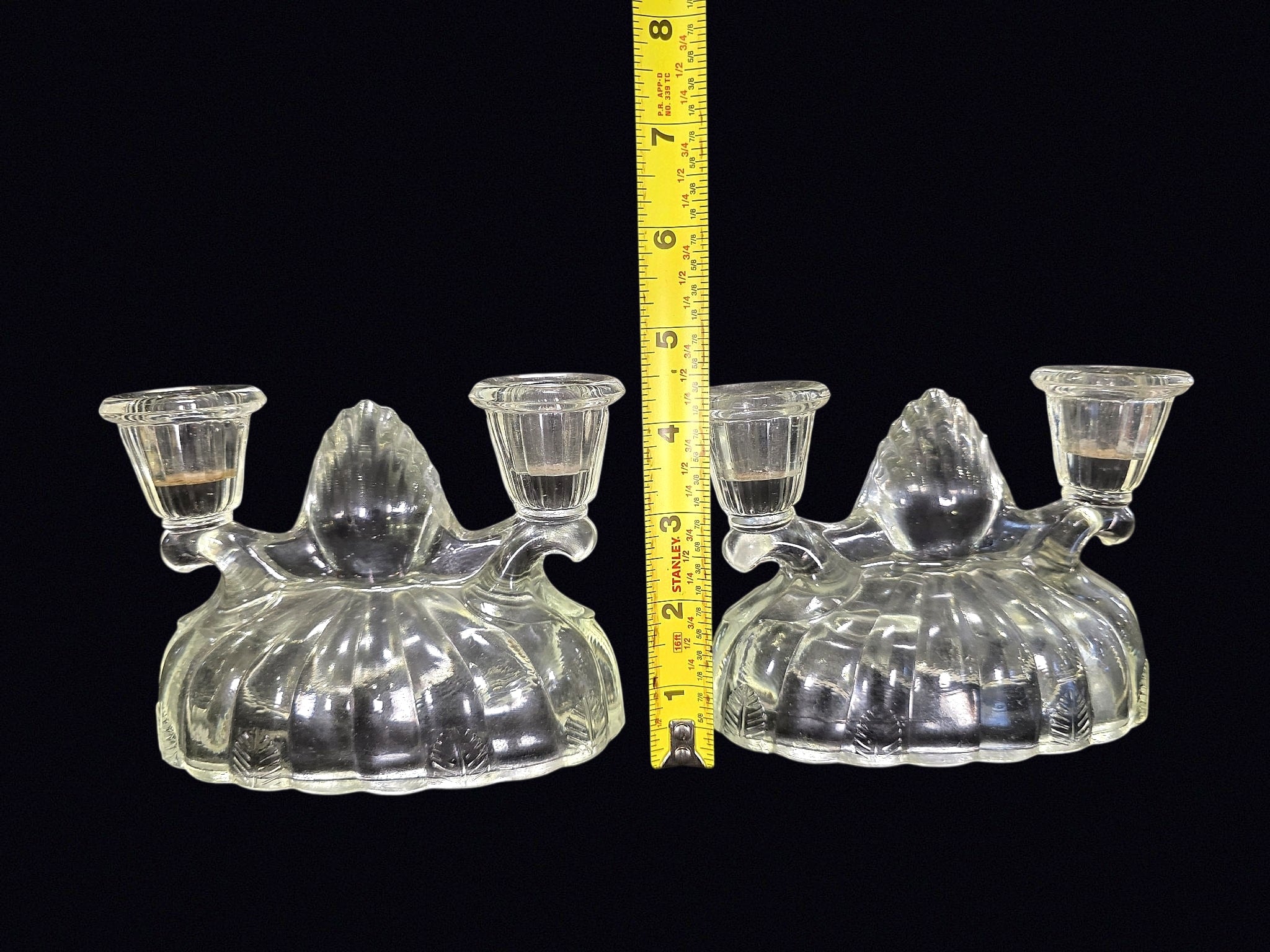 Pressed Glass 2-Arm Candleholders Pair 1940s