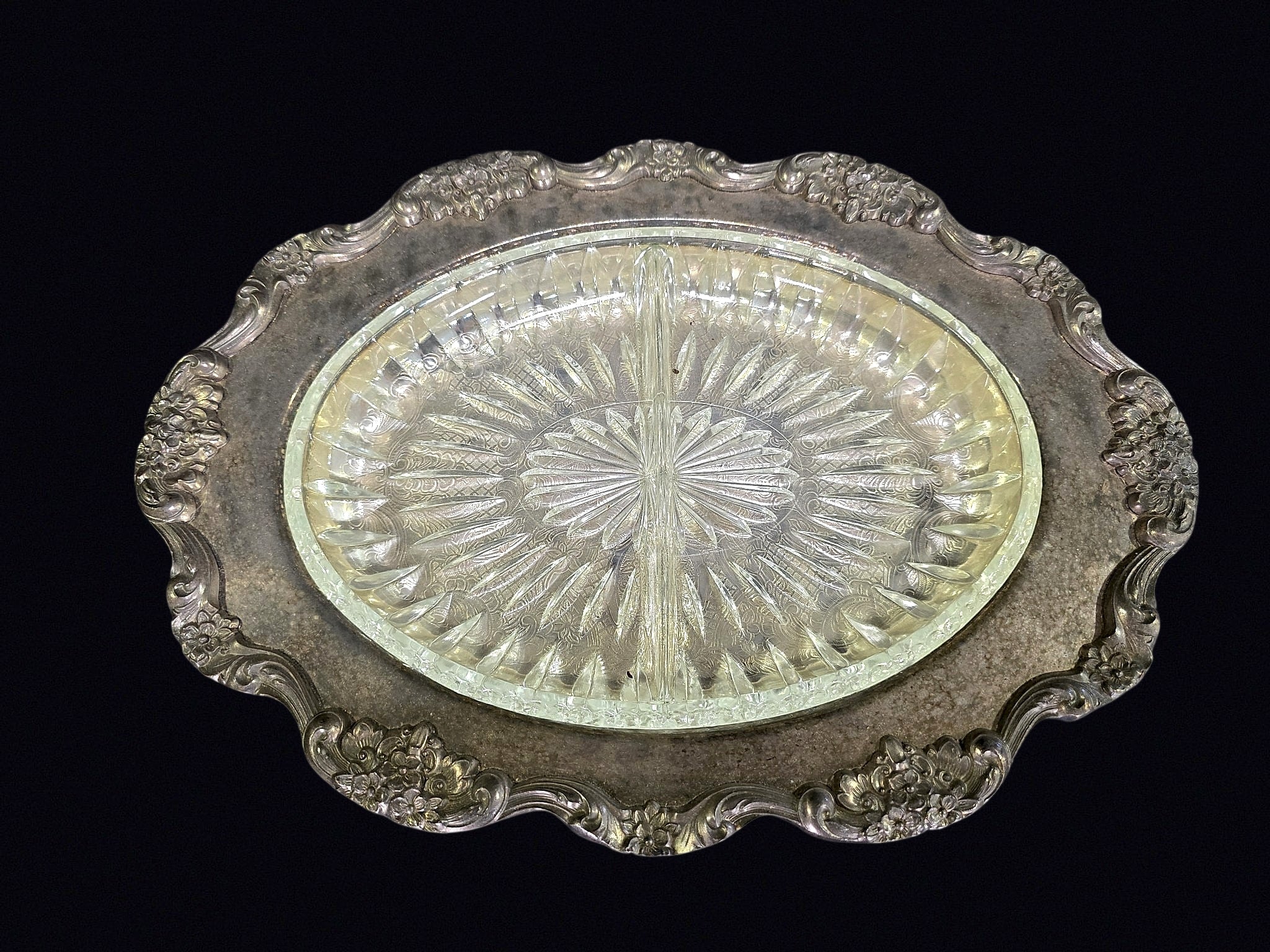 Silverplate Oval Tray Divided Glass Insert