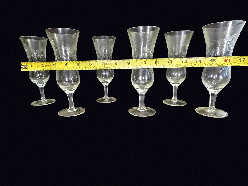 Six Etched Glass Tulip Hurricane Stems