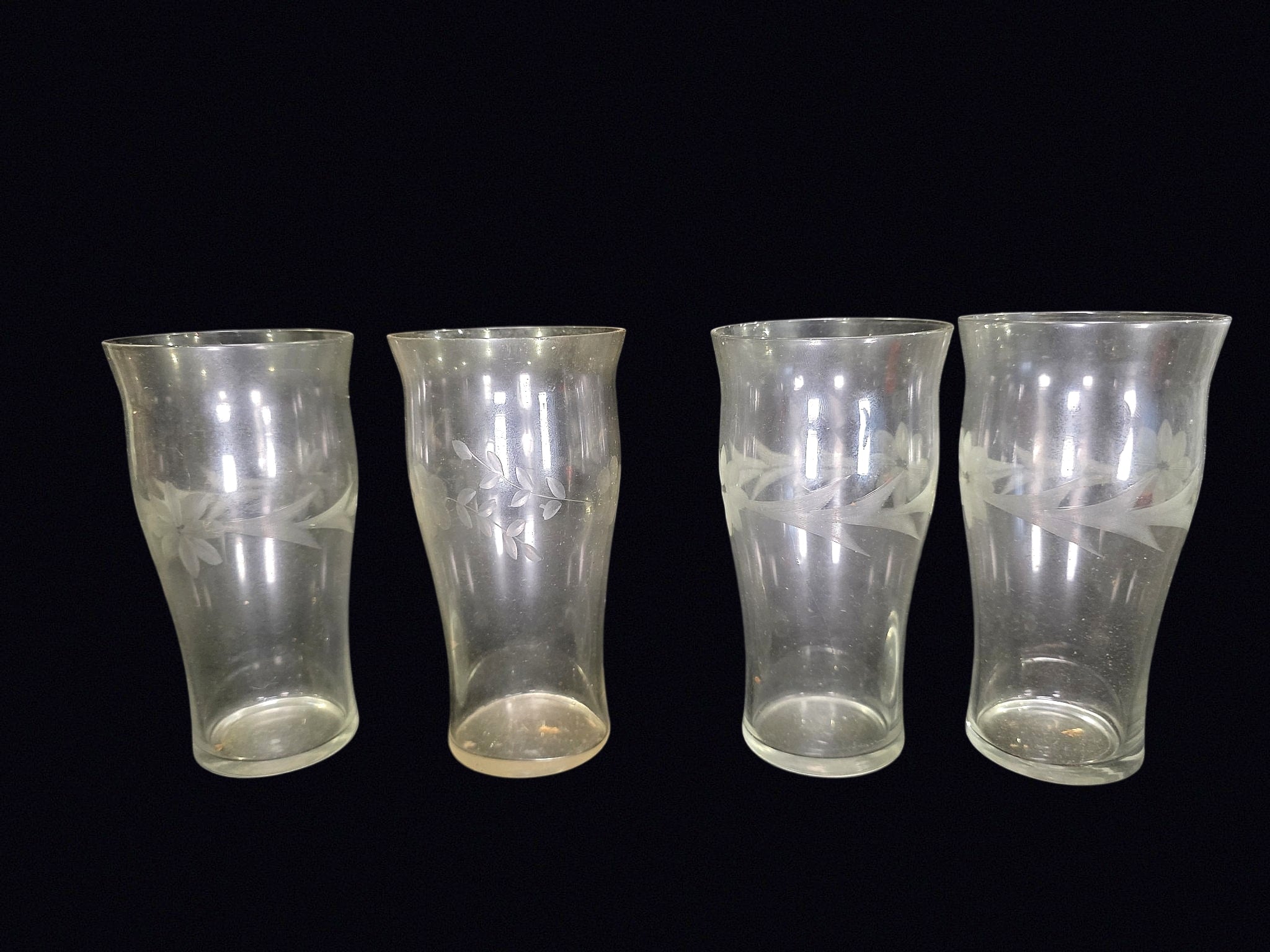 Etched Floral Glass Tumblers Set 4 Mid Century