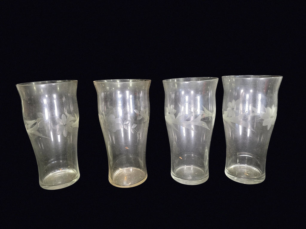 Etched Floral Glass Tumblers Set 4 Mid Century