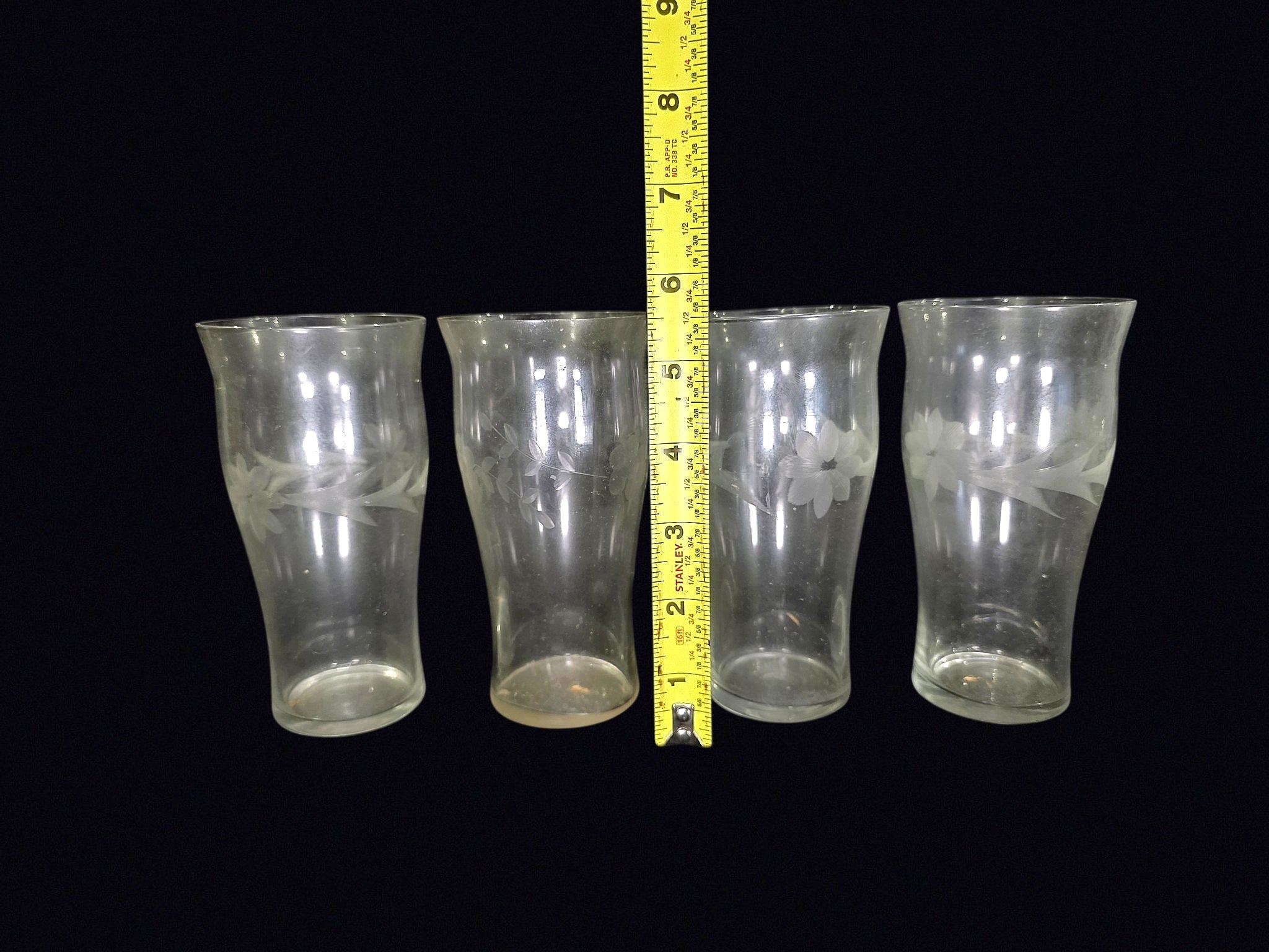 Etched Floral Glass Tumblers Set 4 Mid Century