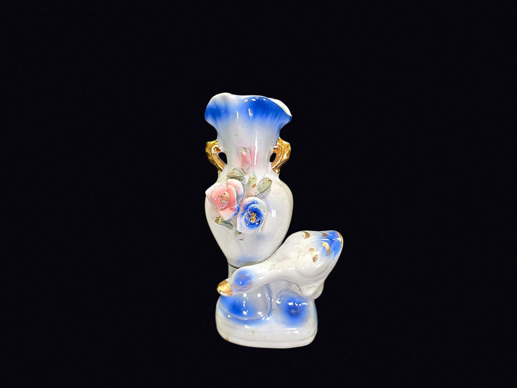 Porcelain Swan Bud Vase Applied Roses c1950