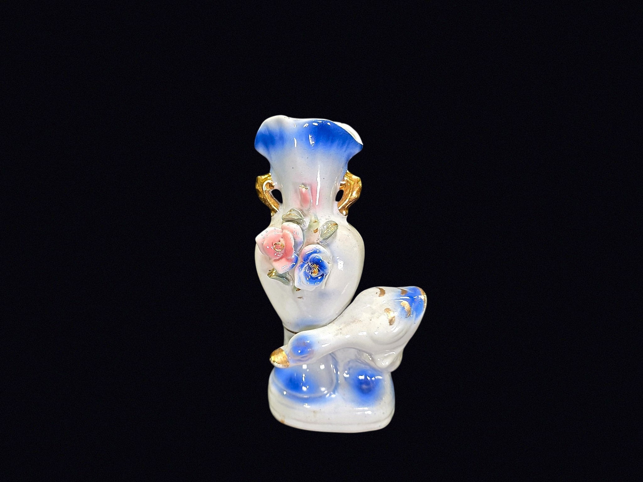 Porcelain Swan Bud Vase Applied Roses c1950