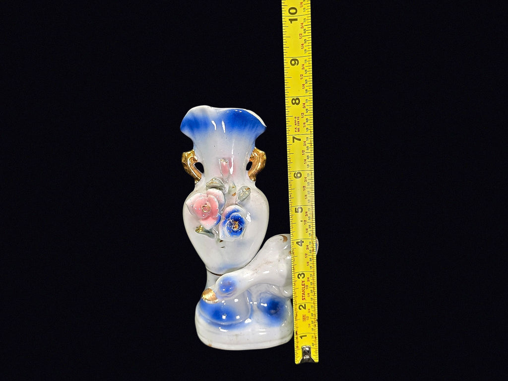Porcelain Swan Bud Vase Applied Roses c1950