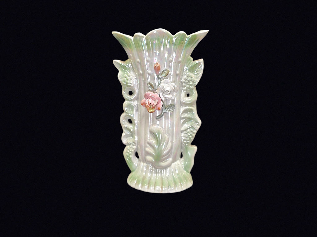 Lustreware Twin Spill Vase Applied Rose c1950