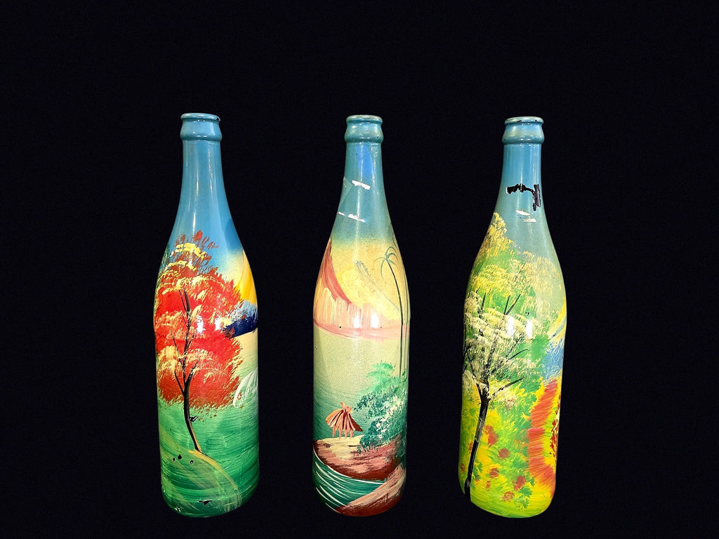Folk Art Hand Painted Glass Bottles Set of 3