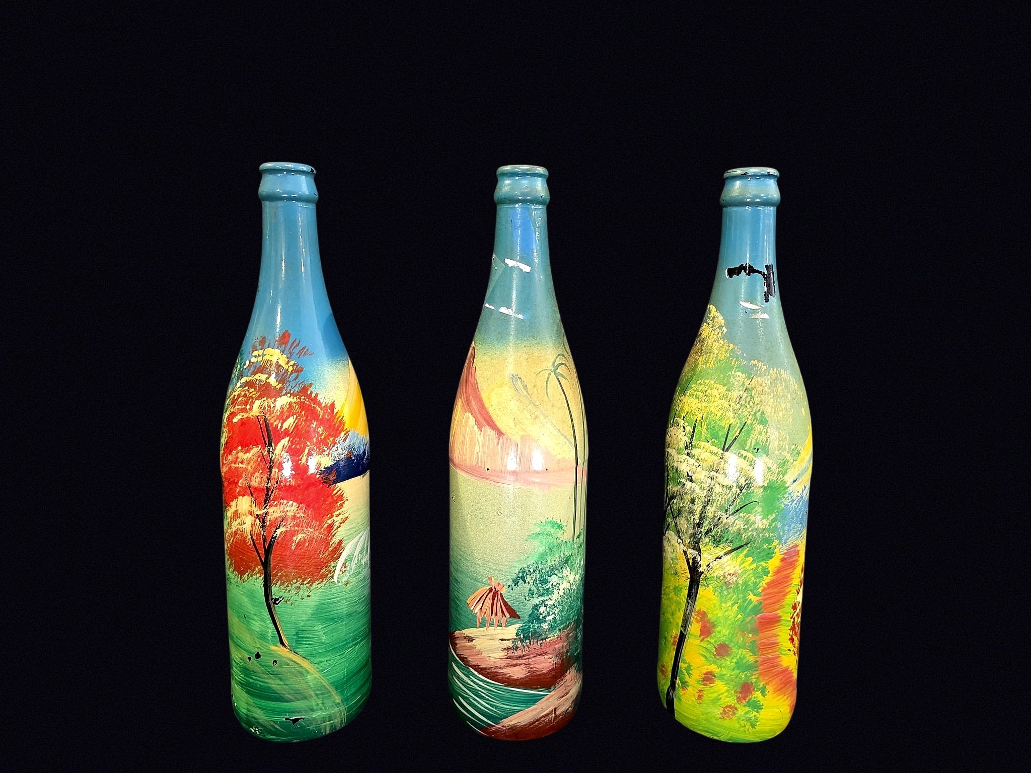 Folk Art Hand Painted Glass Bottles Set of 3