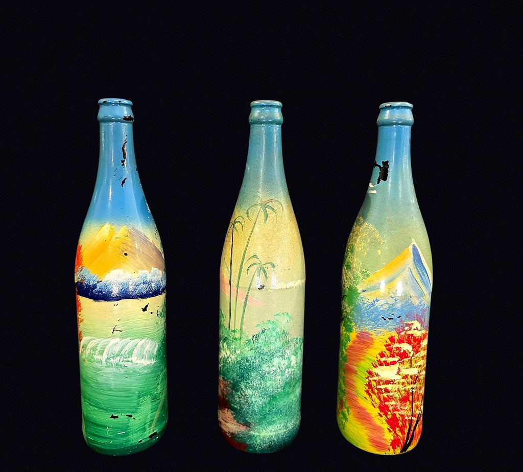 Folk Art Hand Painted Glass Bottles Set of 3