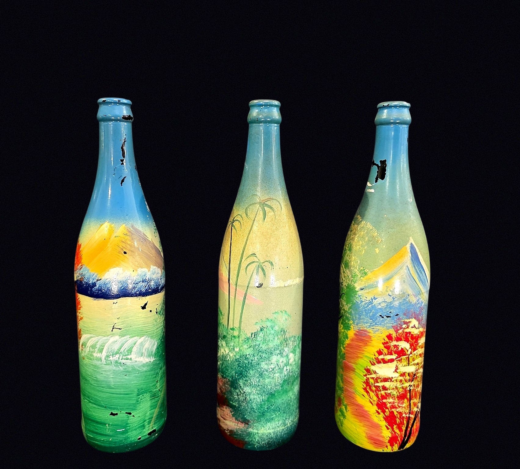 Folk Art Hand Painted Glass Bottles Set of 3