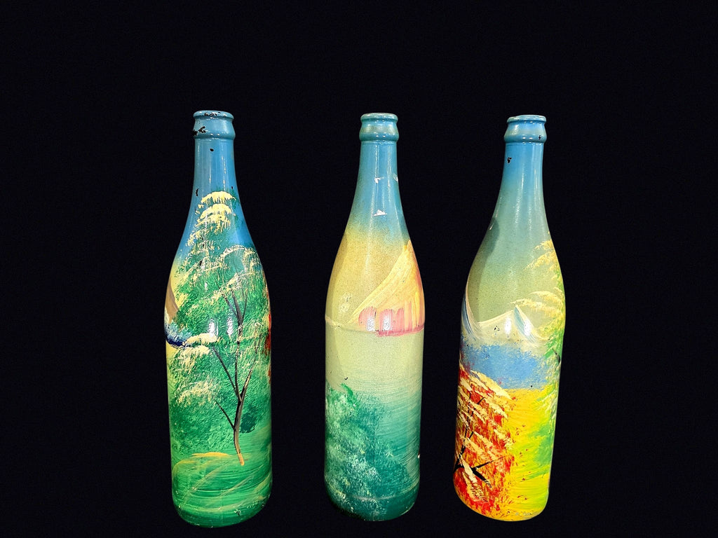 Folk Art Hand Painted Glass Bottles Set of 3